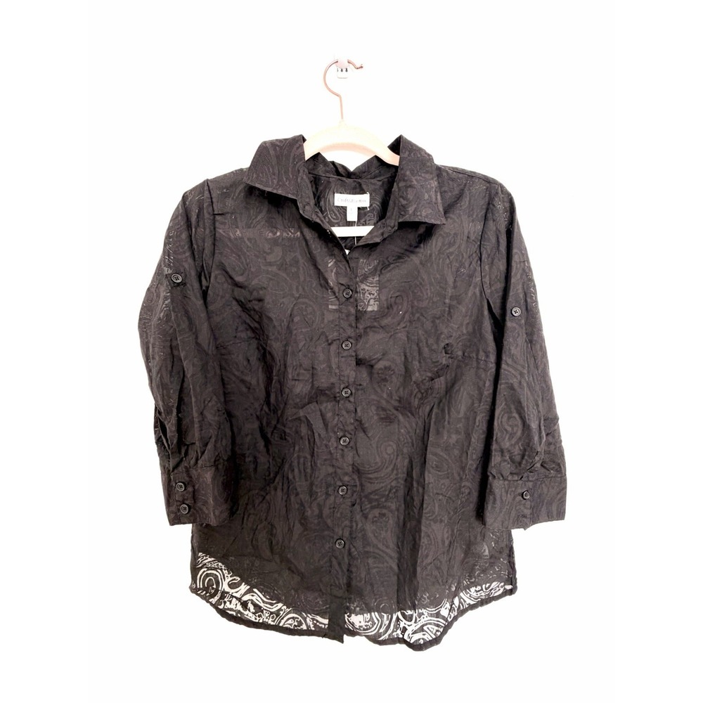 Croft & Barrow Blouse Women's Size S Petite Black Semi Sheer Floral Paisley